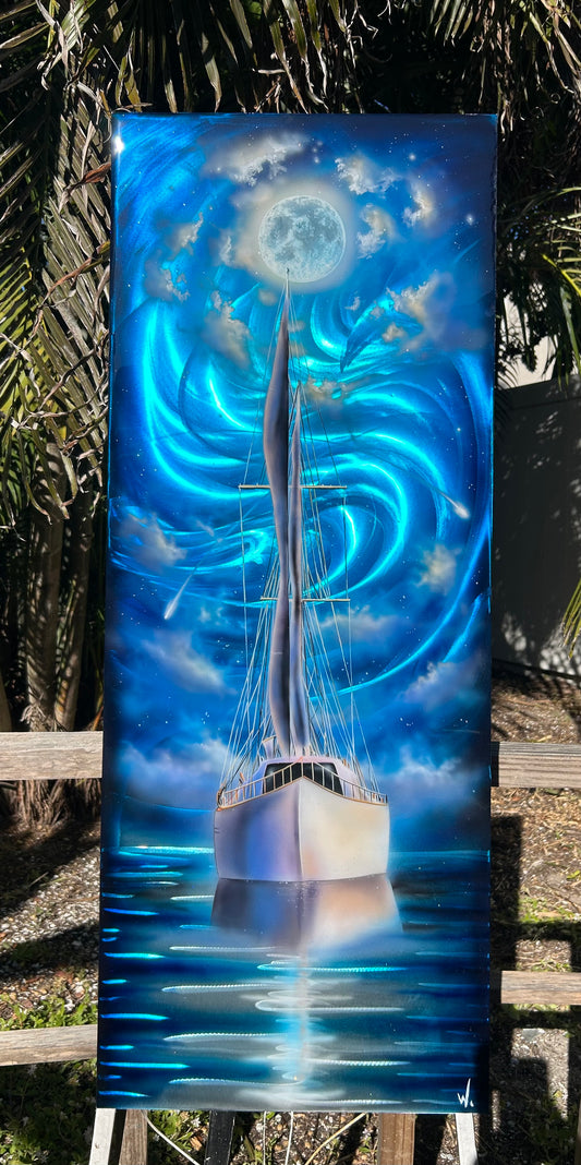 Fine Art Painting on Metal "sailboat moonlight"