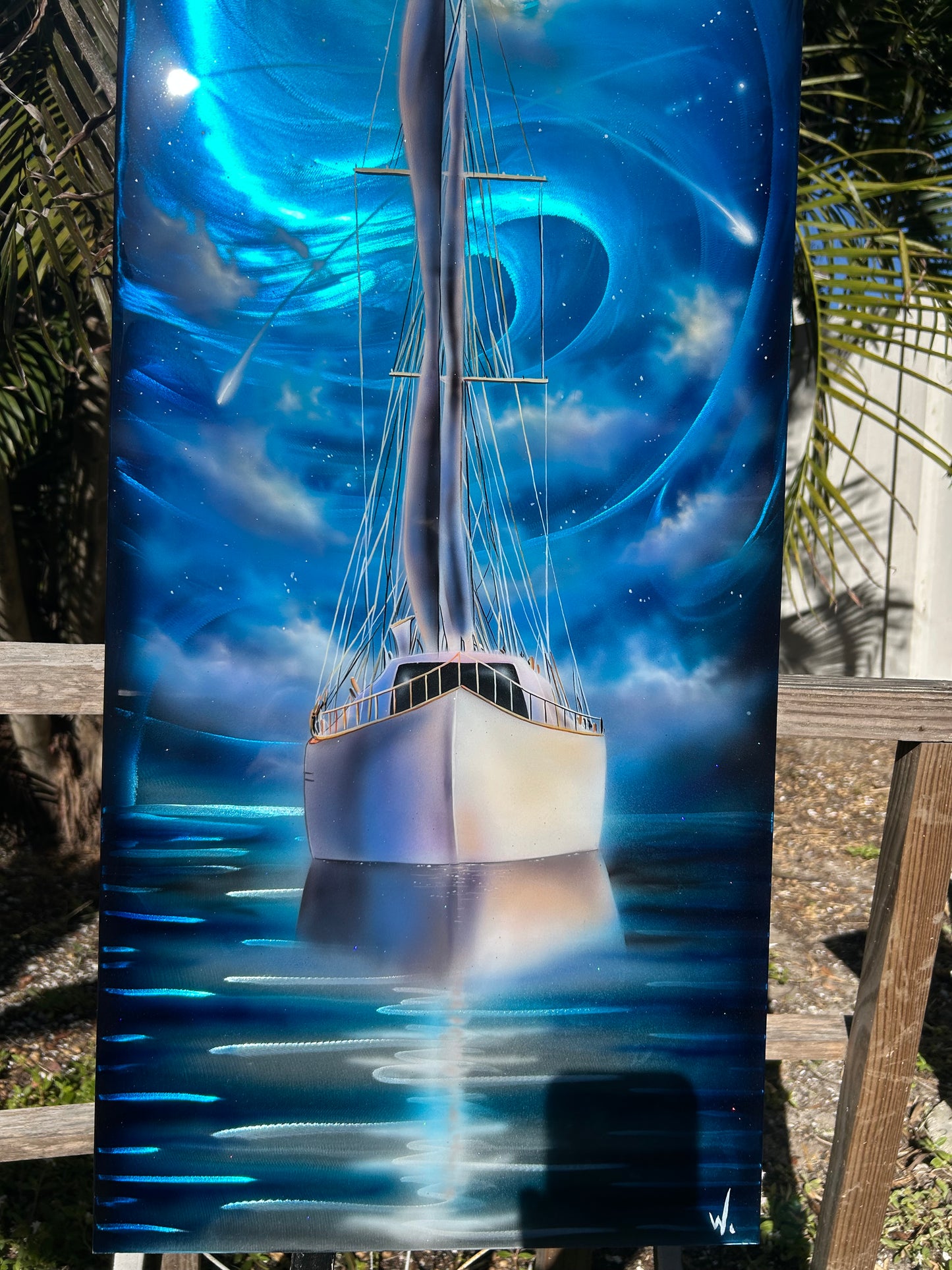 Fine Art Painting on Metal "sailboat moonlight"