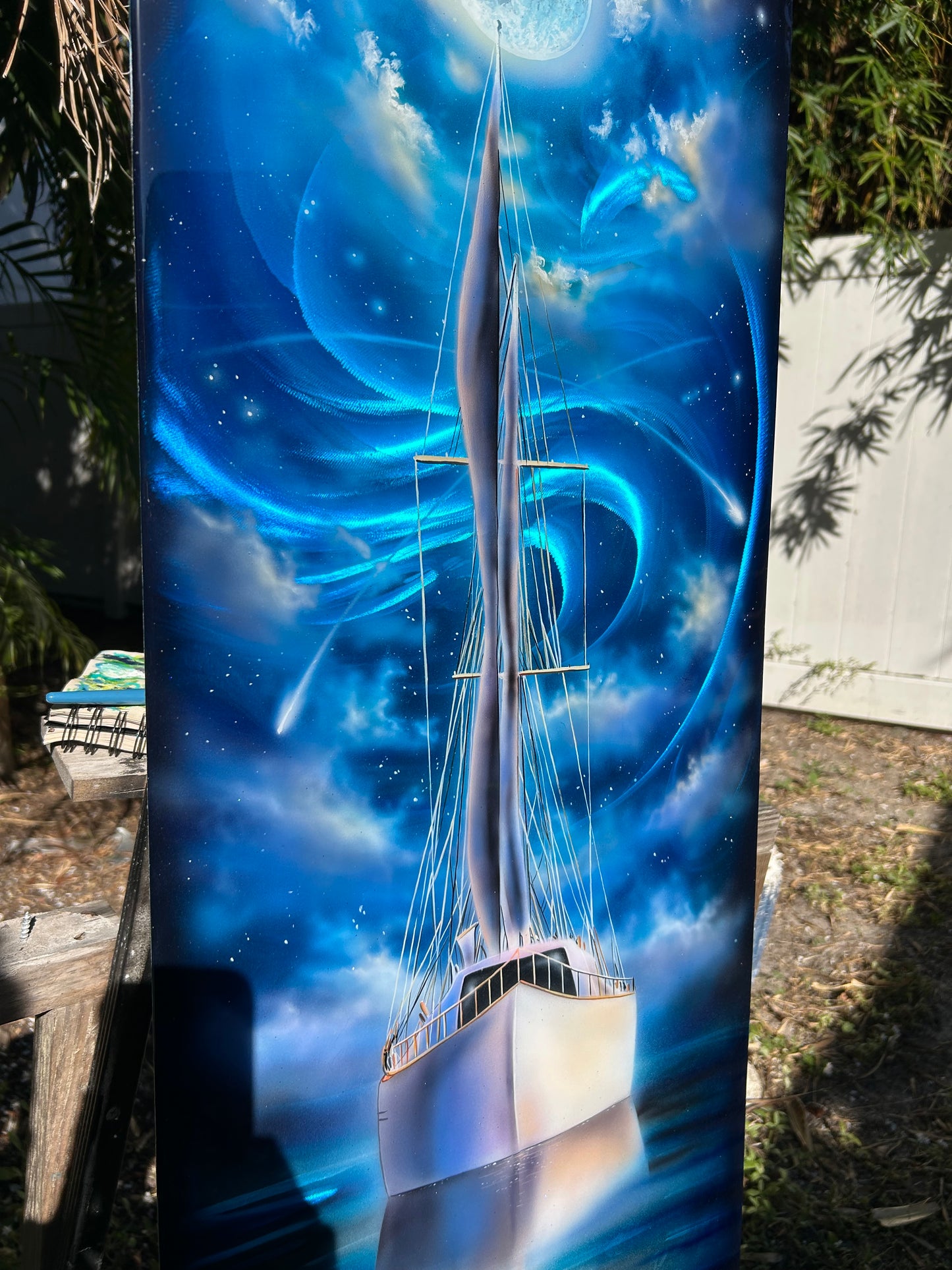 Fine Art Painting on Metal "sailboat moonlight"