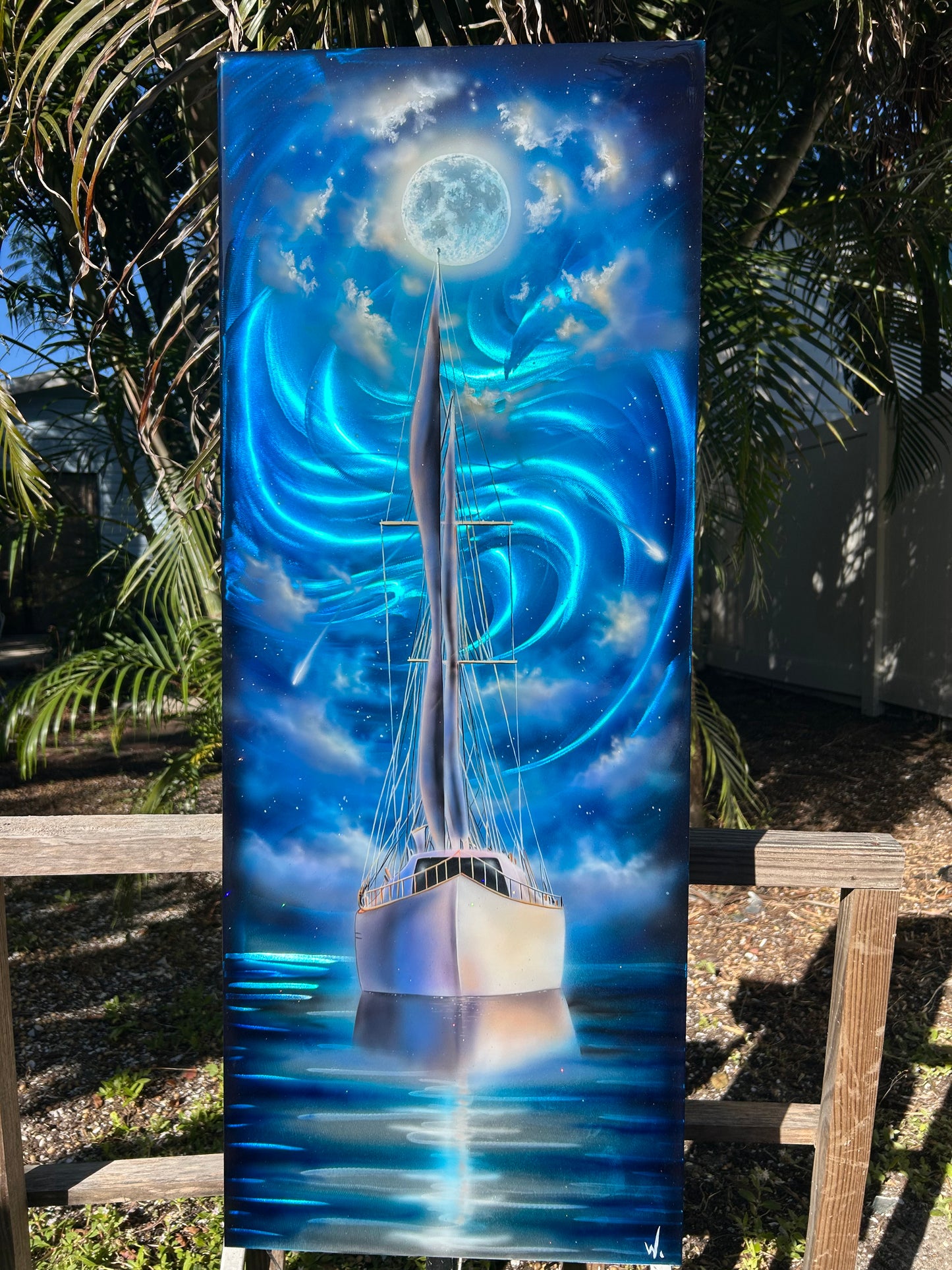 Fine Art Painting on Metal "sailboat moonlight"