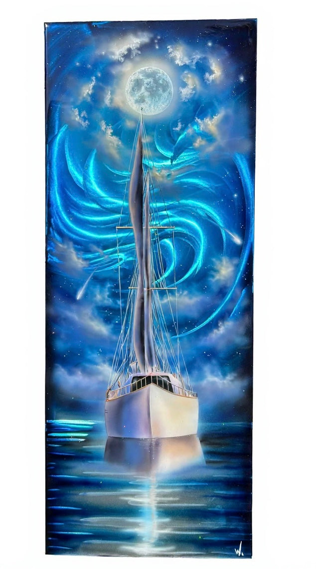 Fine Art Painting on Metal "sailboat moonlight"
