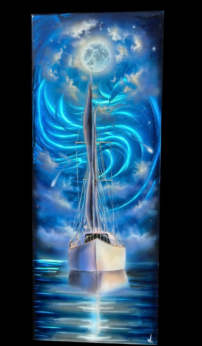 Fine Art Painting on Metal "sailboat moonlight"